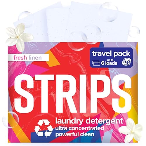 STRIPS Laundry Detergent Sheets Fresh Linen Travel Pack (3ct, 6 loads) Eco Liquidless Soap, Travel-Friendly, Dissolves in Hot & Cold, Hypoallergenic