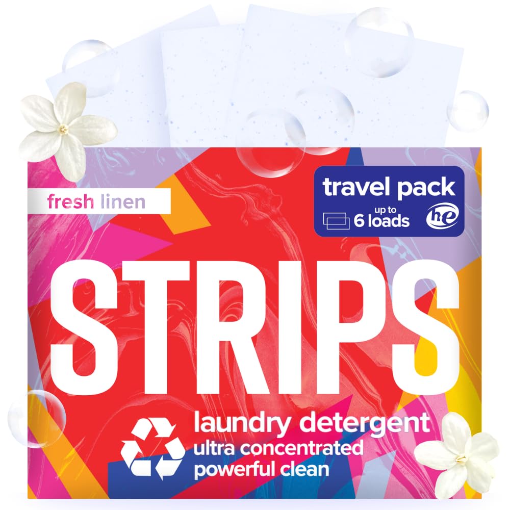 STRIPS Laundry Detergent Sheets Fresh Linen Travel Pack (3ct, 6 loads) Eco Liquidless Soap, Travel-Friendly, Dissolves in Hot & Cold, Hypoallergenic