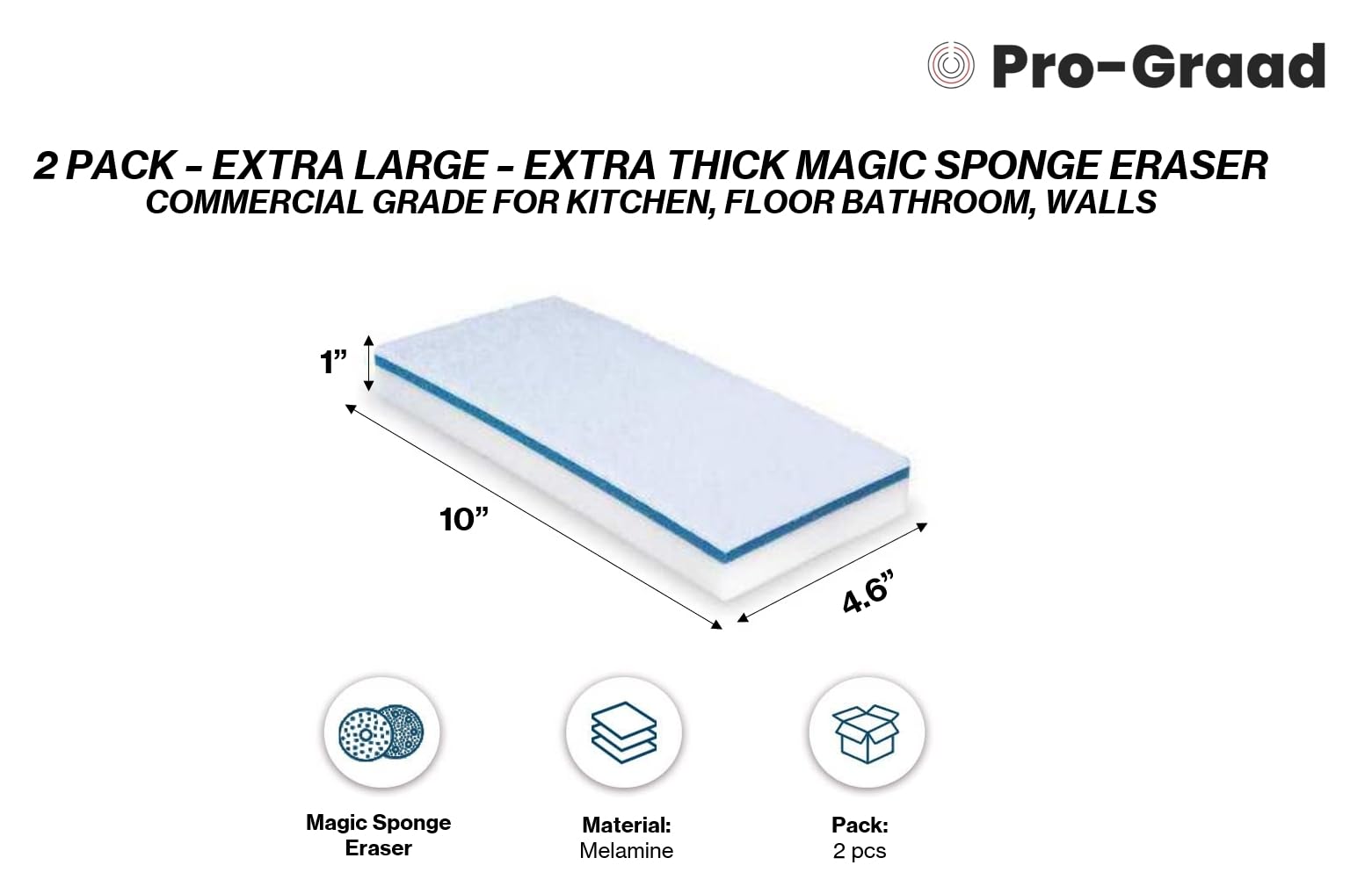 Magic Mopper 4610 Eraser Pads - 2 Pack 4.5" x 10" x 1" Commercial Grade Melamine Sponges for Floor, Tile, Grout, Baseboard, Walls-Durable & Versatile