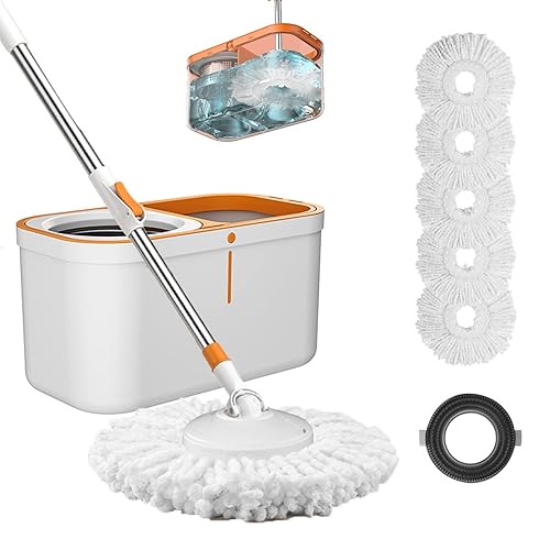 Floor Spin Mop and Bucket Set with Wringer System Extended Stainless Steel Handle 61?for Home Floor Cleaning Use with 5 Replacement Head Refill and 1