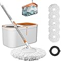 Floor Spin Mop and Bucket Set with Wringer System Extended Stainless Steel Handle 61?for Home Floor Cleaning Use with 5 Replacement Head Refill and 1