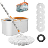 Floor Spin Mop and Bucket Set with Wringer System Extended Stainless Steel Handle 61?for Home Floor Cleaning Use with 5 Replacement Head Refill and 1