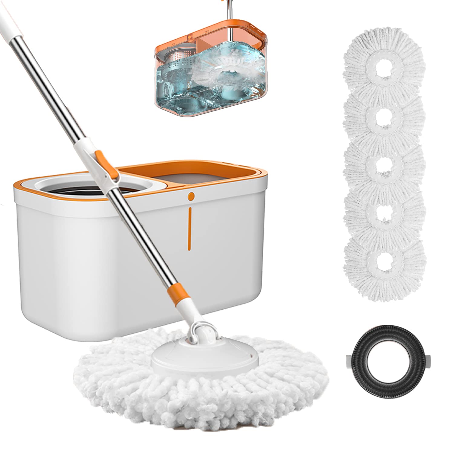 Floor Spin Mop and Bucket Set with Wringer System Extended Stainless Steel Handle 61?for Home Floor Cleaning Use with 5 Replacement Head Refill and 1