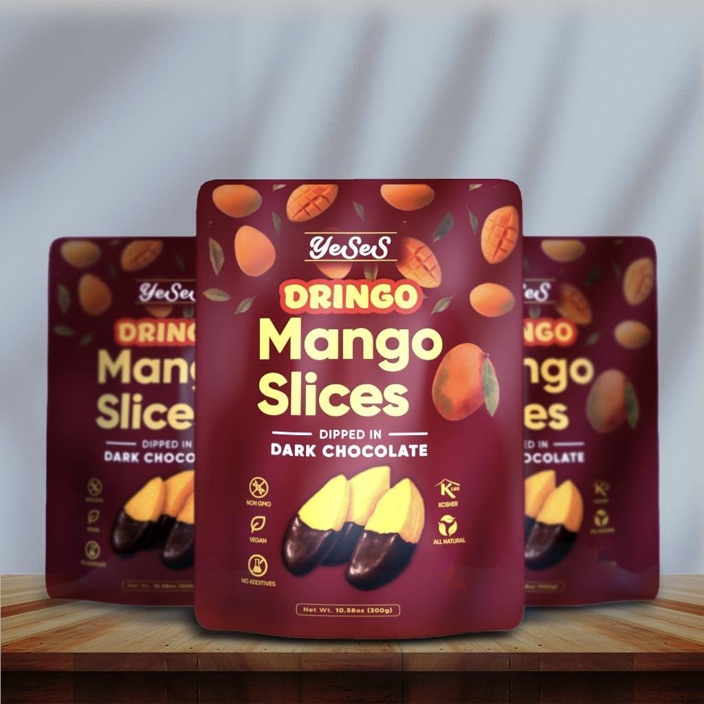 Mango Slices Dipped in Dark Chocolate Dringo Yeses - Premium Dried Mango Snack, Non-GMO, Vegan, Kosher, All-Natural, No Additives, 10.58 oz (300g)