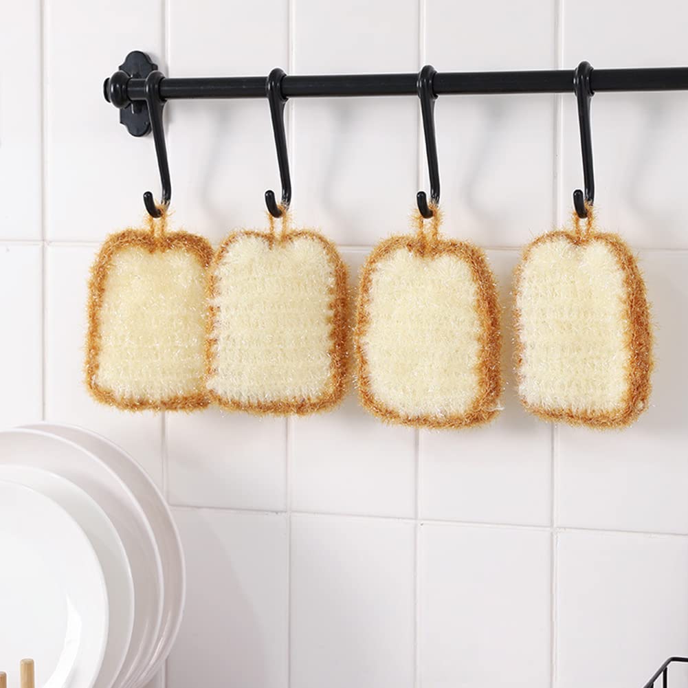 5 Pcs Cute Crochet Scrubbers, Toast Shaped No Odor Non-Scratch Reusable Scrub for Kitchen and Household Use Double Layered Scrubbers Cleaning Wash