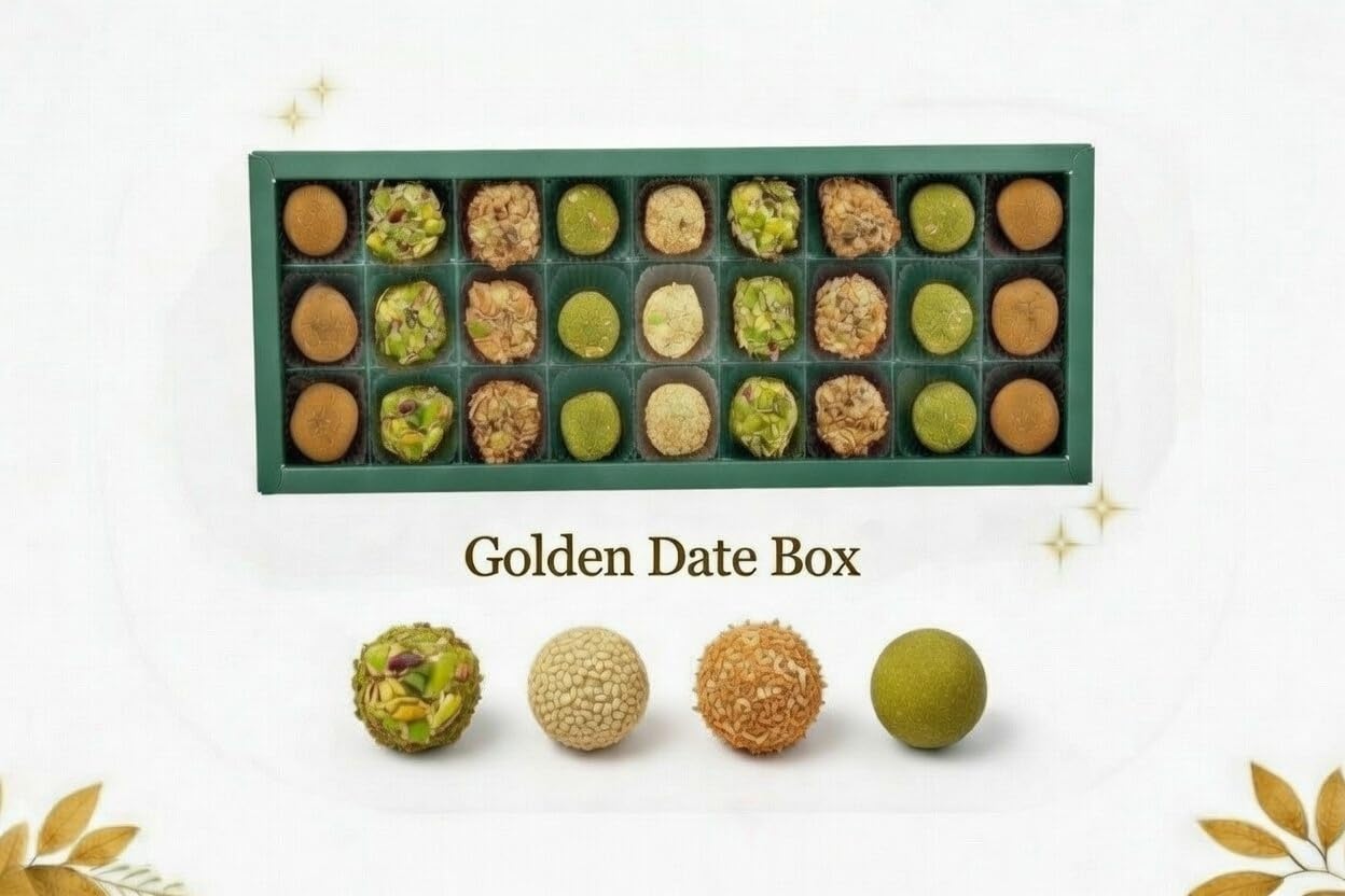 OMNIYA Delicacy Golden Dates - Luxury Date Dessert Treats, 27 Pieces w/Pistachio, Lotus, Sesame & Almond - Gourmet Mediterranean Gift Box