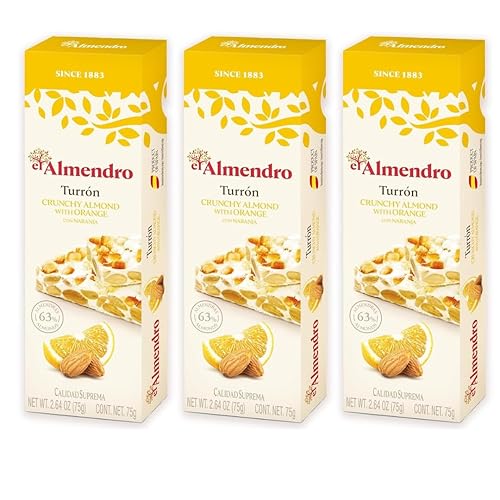 El Almendro Turrones, Turron Crunchy Almond with Orange Nougat Candy Torrone From Spain,Traditional Spanish Brittle Dessert, Gluten Free, 3 Pack