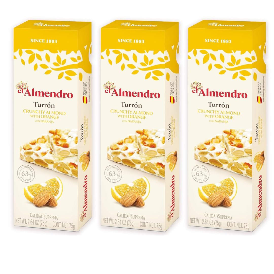El Almendro Turrones, Turron Crunchy Almond with Orange Nougat Candy Torrone From Spain,Traditional Spanish Brittle Dessert, Gluten Free, 3 Pack
