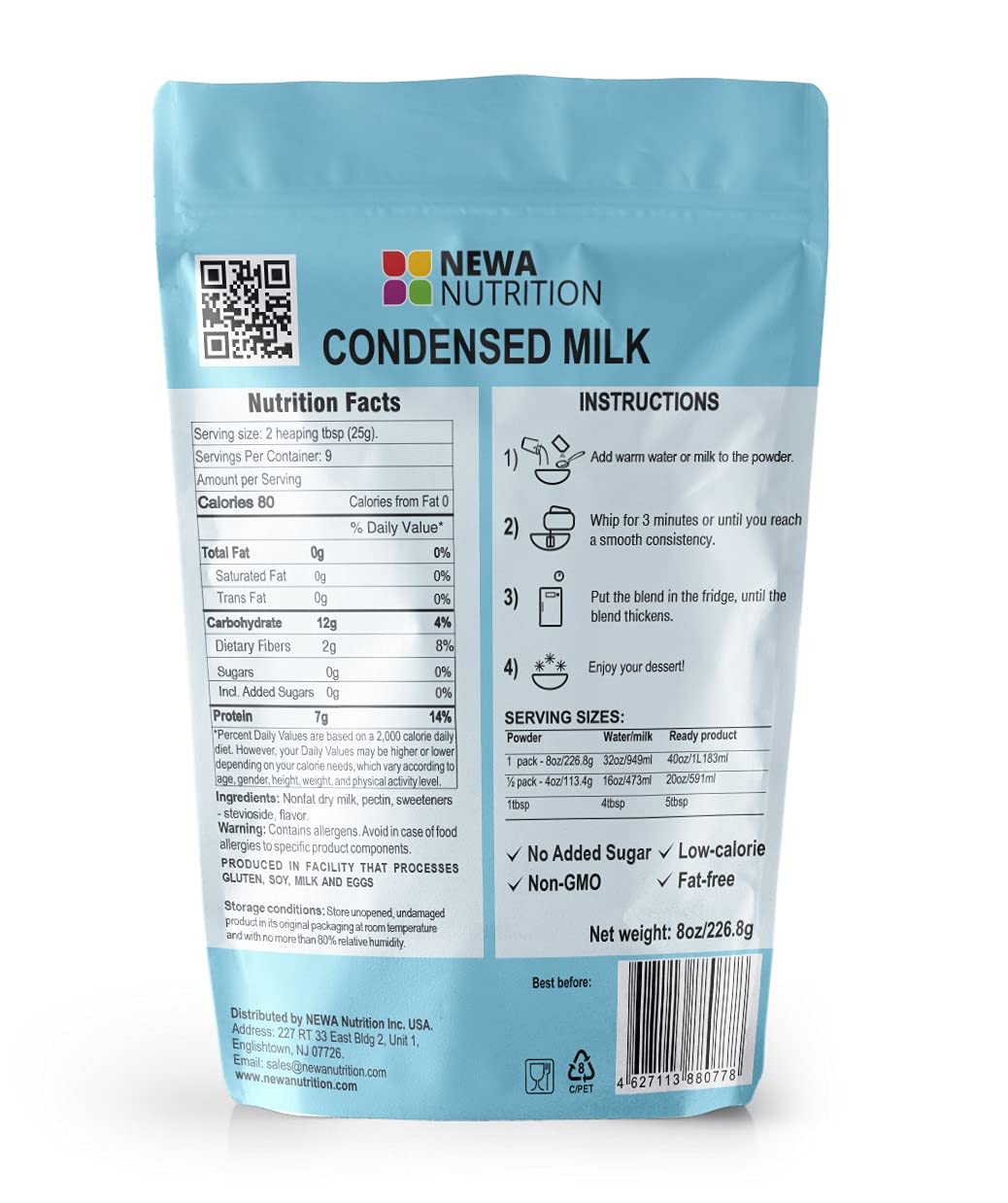 Sugar Free (No Sugar Added) Gluten Free Non GMO Condensed Milk Mix. Weight: 8 oz/226.8 gr. (Pack of 2)