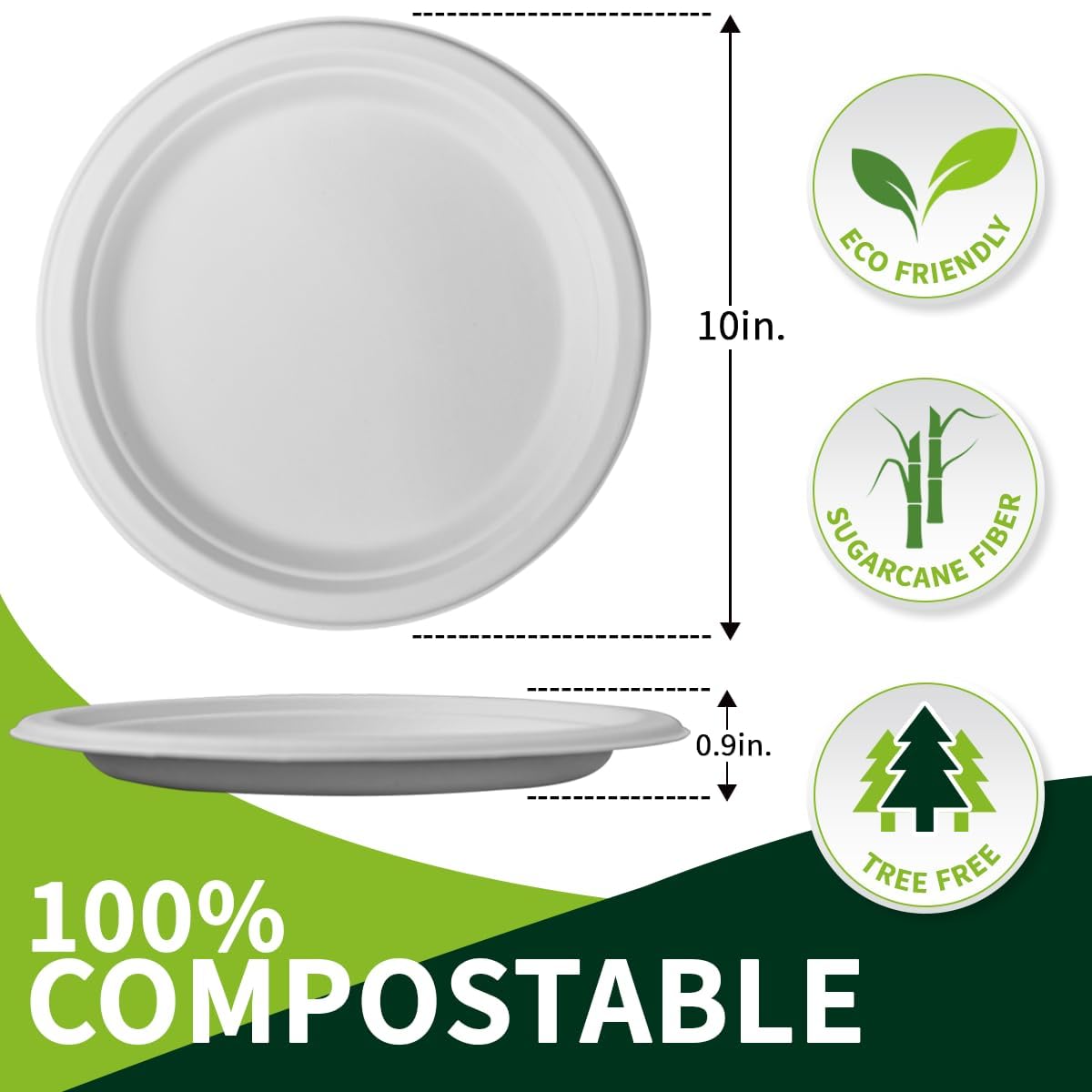 10 Inch Compostable Paper Plates?White 150 Pack?, 100% Sugarcane Bagasse Large Disposable Plates, Sturdy Heavy Duty, Biodegradable Dinnerware