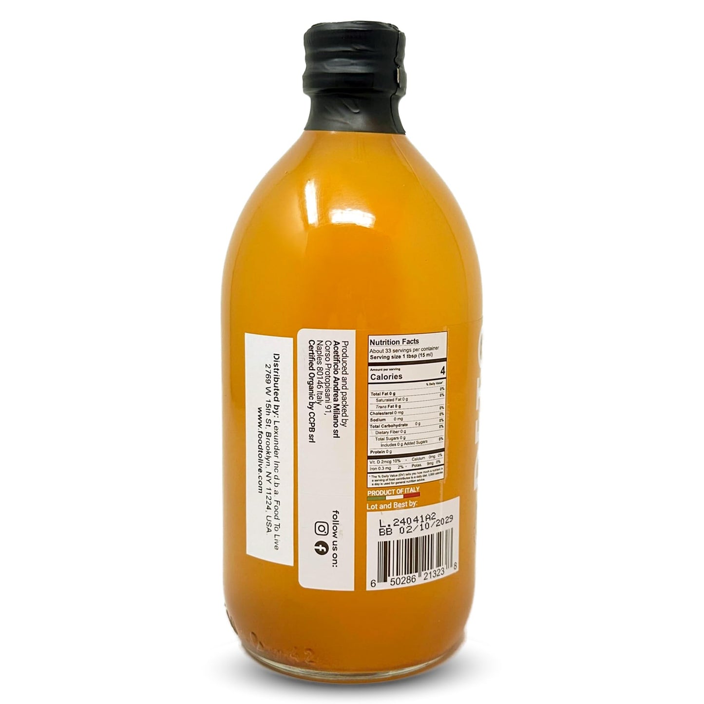 Andrea Milano Organic Apple Cider Vinegar - Raw Italian Natural Vinegar with the Mother, Unfiltered, Unpasteurized, Non-GMO, Vegan, Bulk, Glass Bottle