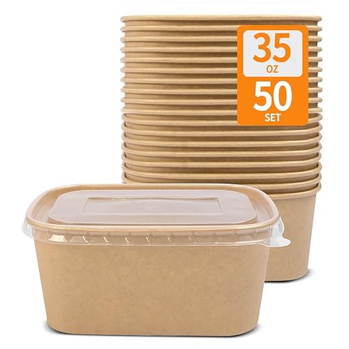 Celel 50 Pack 35 oz Paper Food Containers with Lids, Paper Meal Prep Containers Microwavable and Freezer Use Cardboard Food Concertinas - 50 Bowls 50