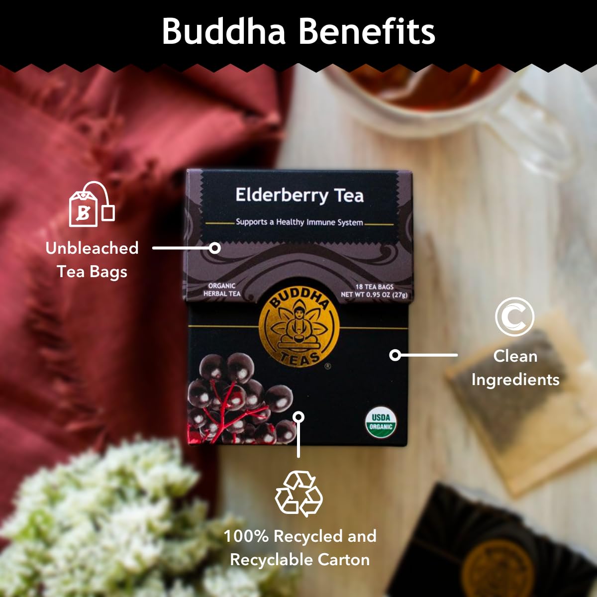 Buddha Teas - Organic Elderberry - Herbal Tea - For Health & Wellbeing - With Antioxidants & Minerals - Clean Ingredients - Caffeine Free - OU Kosher