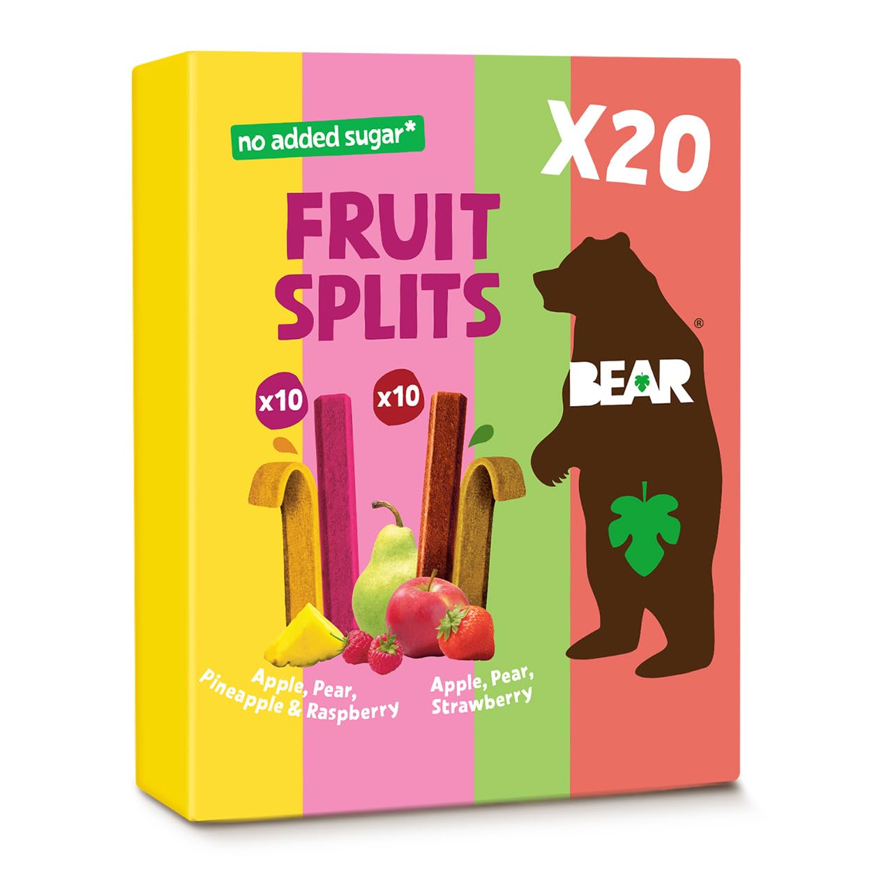 BEAR Real Fruit Snack Splits - Gluten Free, Vegan, and Non-GMO - Variety Pack (Apple/Strawberry, Raspberry/Pineapple)- Healthy School And Lunch Snacks