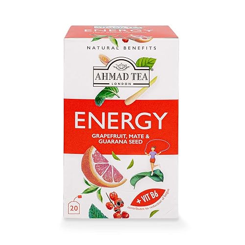 Ahmad Tea Herbal Tea, Grapefruit, Mate, Guarana Seed, & Vitamin B6 'Energy' Natural Benefits Teabags, 20 ct (Pack of 1) - Caffeinated & Sugar-Free