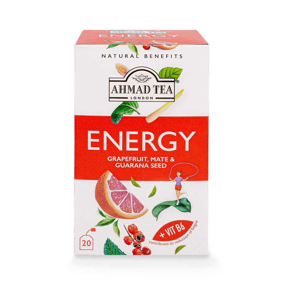 Ahmad Tea Herbal Tea, Grapefruit, Mate, Guarana Seed, & Vitamin B6 'Energy' Natural Benefits Teabags, 20 ct (Pack of 1) - Caffeinated & Sugar-Free