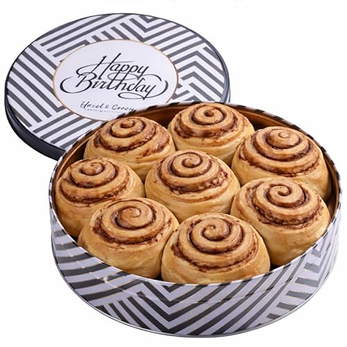 Birthday Cinnamon Rolls Gift Tin - Soft Baked Cinnamon Buns Pastries Individually Wrapped - Gourmet Bakery Treat in Reusable Tin - Happy Birthday Food