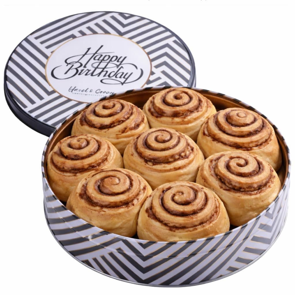 Birthday Cinnamon Rolls Gift Tin - Soft Baked Cinnamon Buns Pastries Individually Wrapped - Gourmet Bakery Treat in Reusable Tin - Happy Birthday Food
