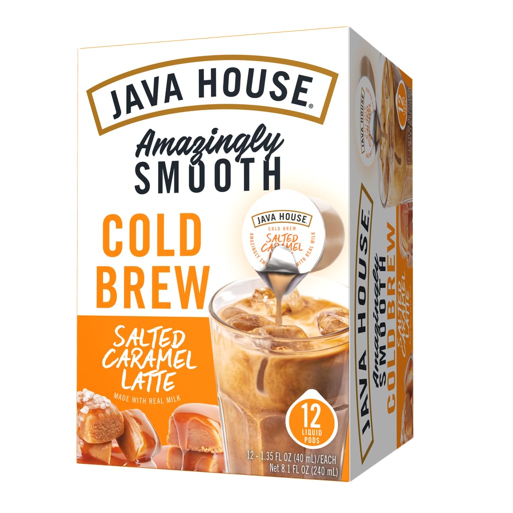 JAVA HOUSE Salted Caramel Latte Cold Brew Coffee Capsules, 1.35 Fluid Ounces (12 Count) Peel and Pour, TSA Approved, Travel Friendly Cold Brew, Hot or