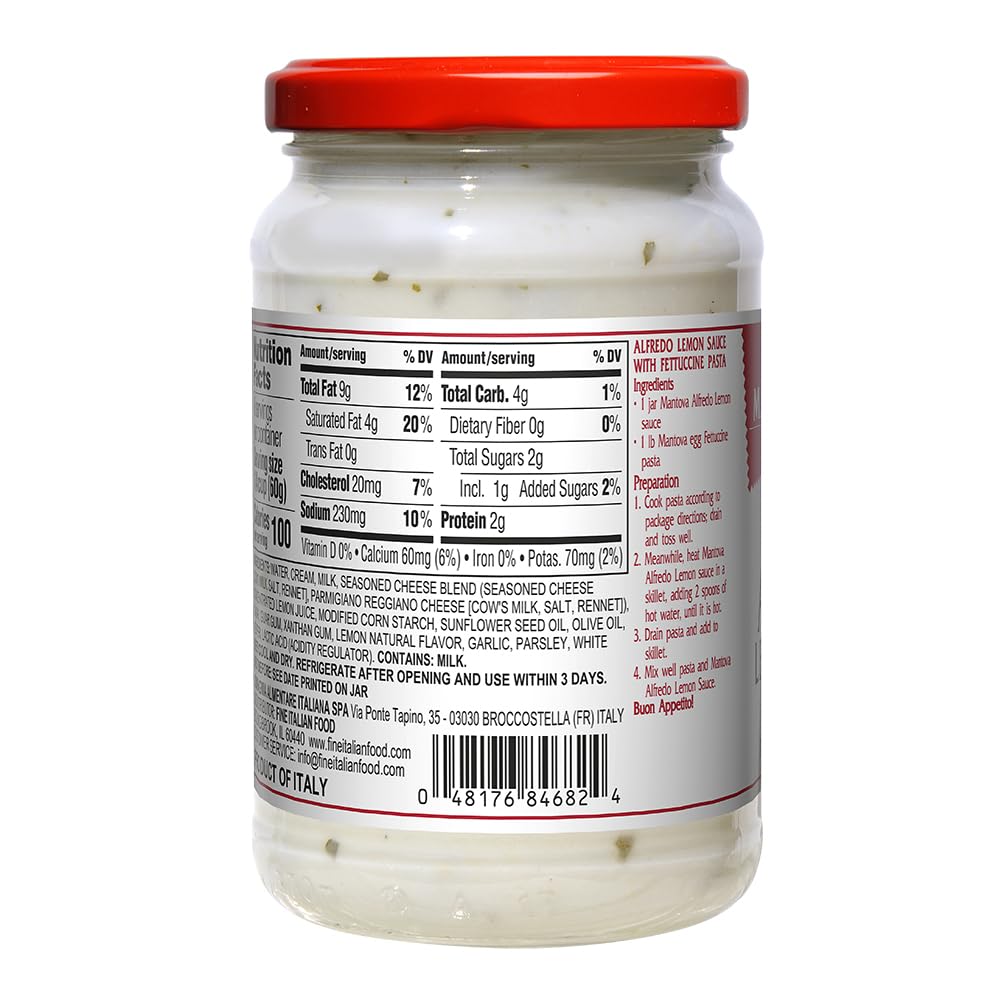 Mantova Alfredo Lemon Sauce, 12.5 oz. (Pack of 2), Product of Italy, Traditional, All-Natural, Ready-to-Eat Pasta Sauce, No Artificial Coloring