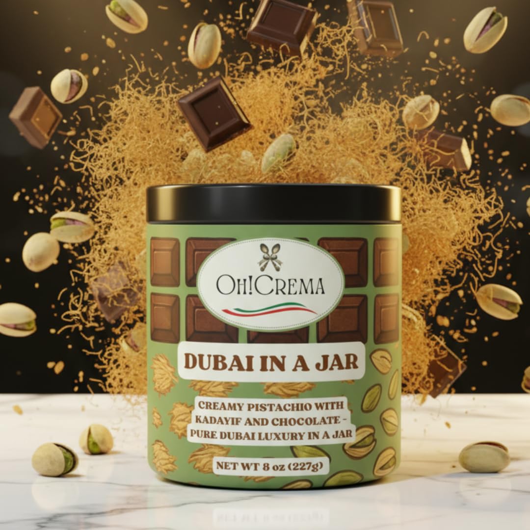 Oh! Crema Dubai in a Jar - Milk Chocolate & Italian Pistachio Spread with Kadayif Kataifi Crunch | Belgian Chocolate Filling for Desserts, Toast