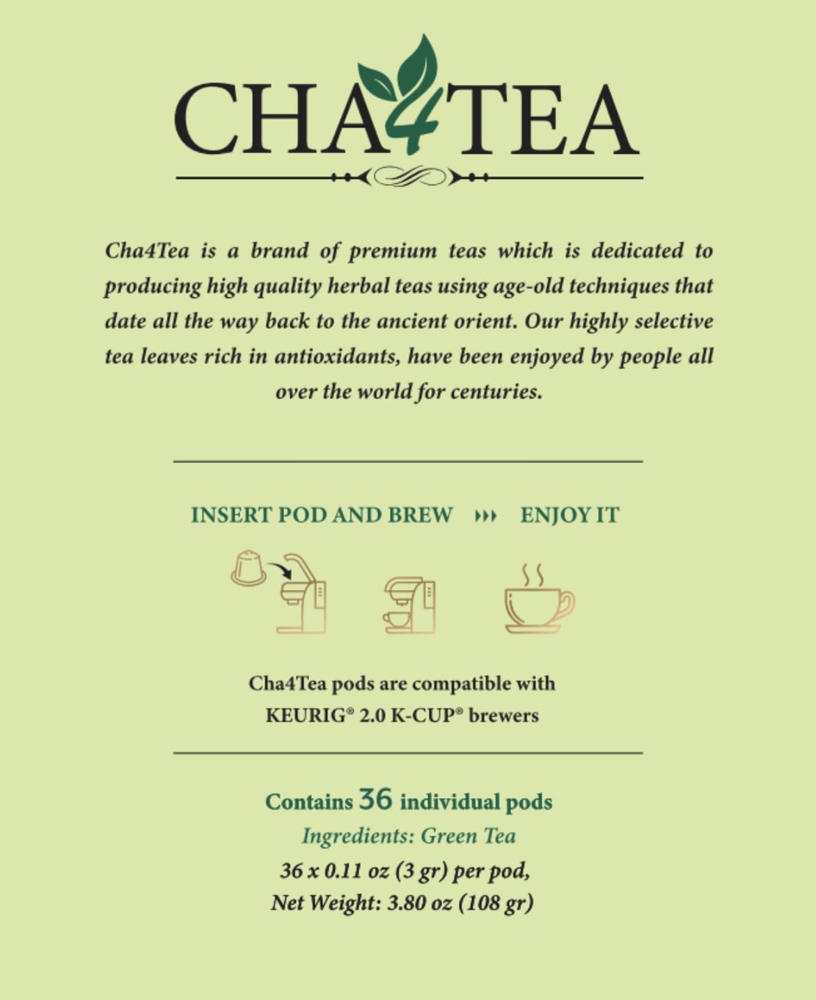 Cha4TEA 36-Count Green Tea Pods Compatible with Keurig K-Cup Brewers