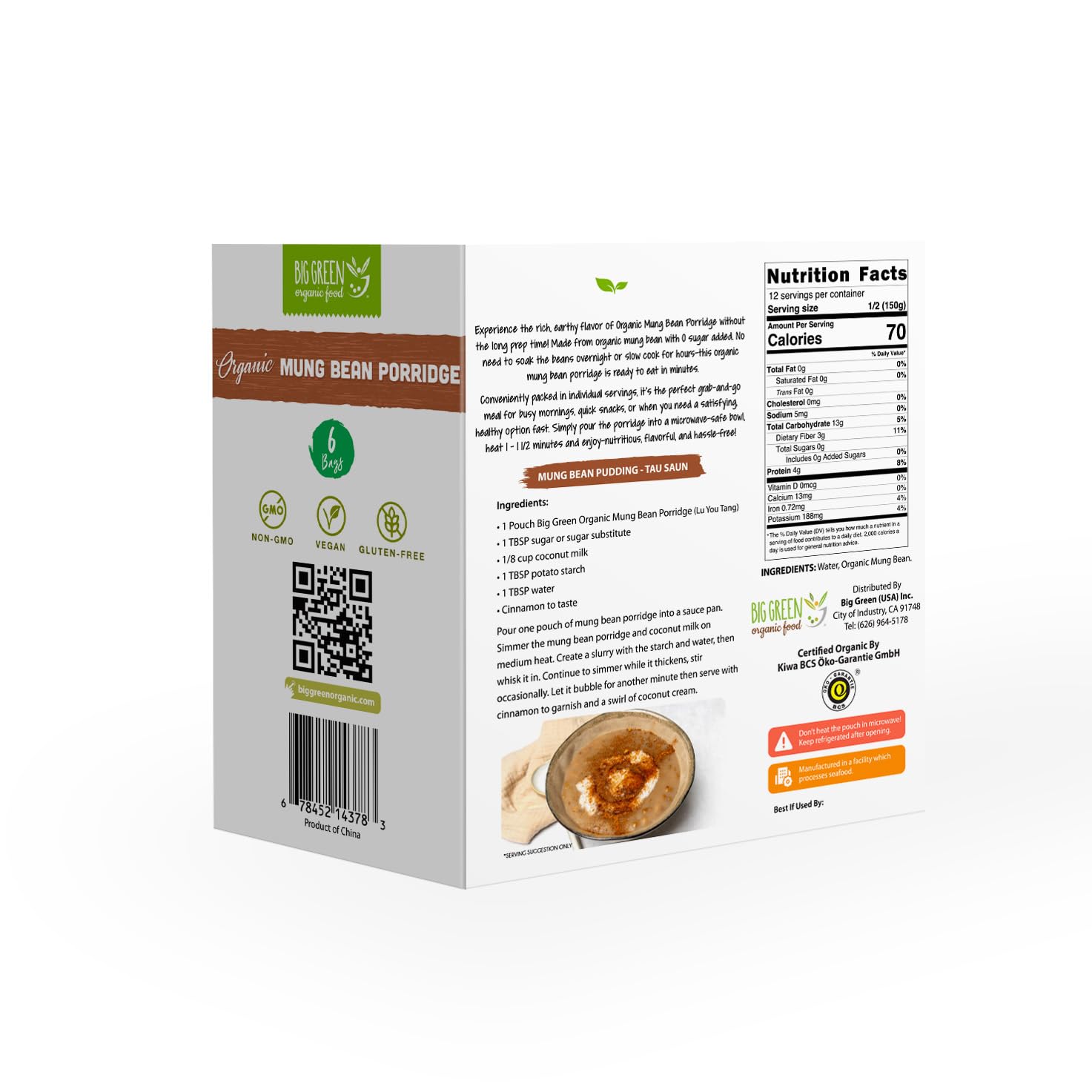 Big Green Organic Food - Organic Mung Bean Porridge, Unsweetened, Non-GMO, Gluten-Free, Vegan, Healthy Breakfast, Easy Instant Porridge Mix (6 Pack)