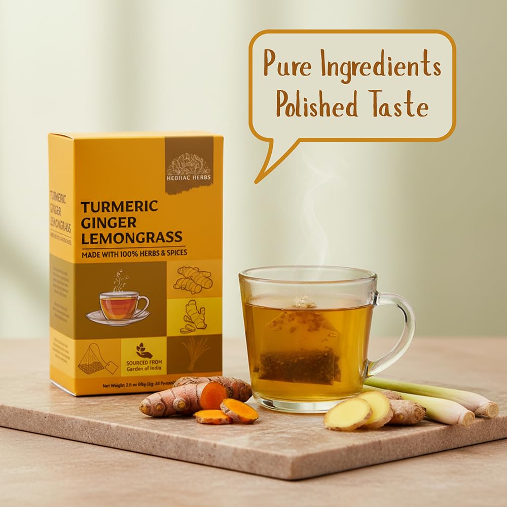Turmeric Ginger Lemongrass Tea Bags | Aromatic Herbal Blend | Caffeine-Free, Refreshing & Natural | 60g (2g-30 Pyramid Tea bags)