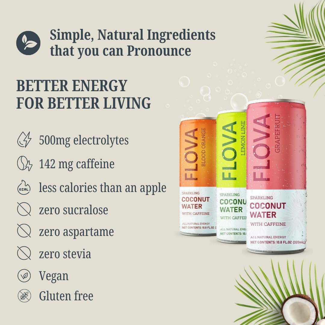 Flova Energy Drink, All Natural, Electrolytes and Minerals from Coconut Water, 4 Simple Easy to Pronounce Ingredients, 99% Juice, Assorted Pack of 12