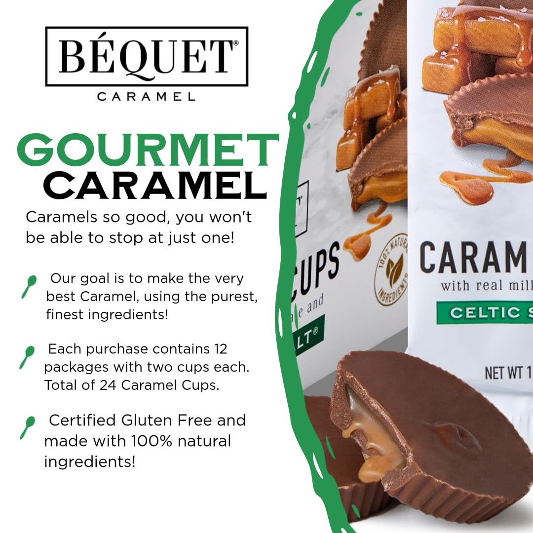 Béquet Milk Chocolate Sea Salt Caramel Cups - Soft, Individually Wrapped Chocolate-Covered Caramels, Gluten?Free & Gourmet - 12-Pack (2 cups each)
