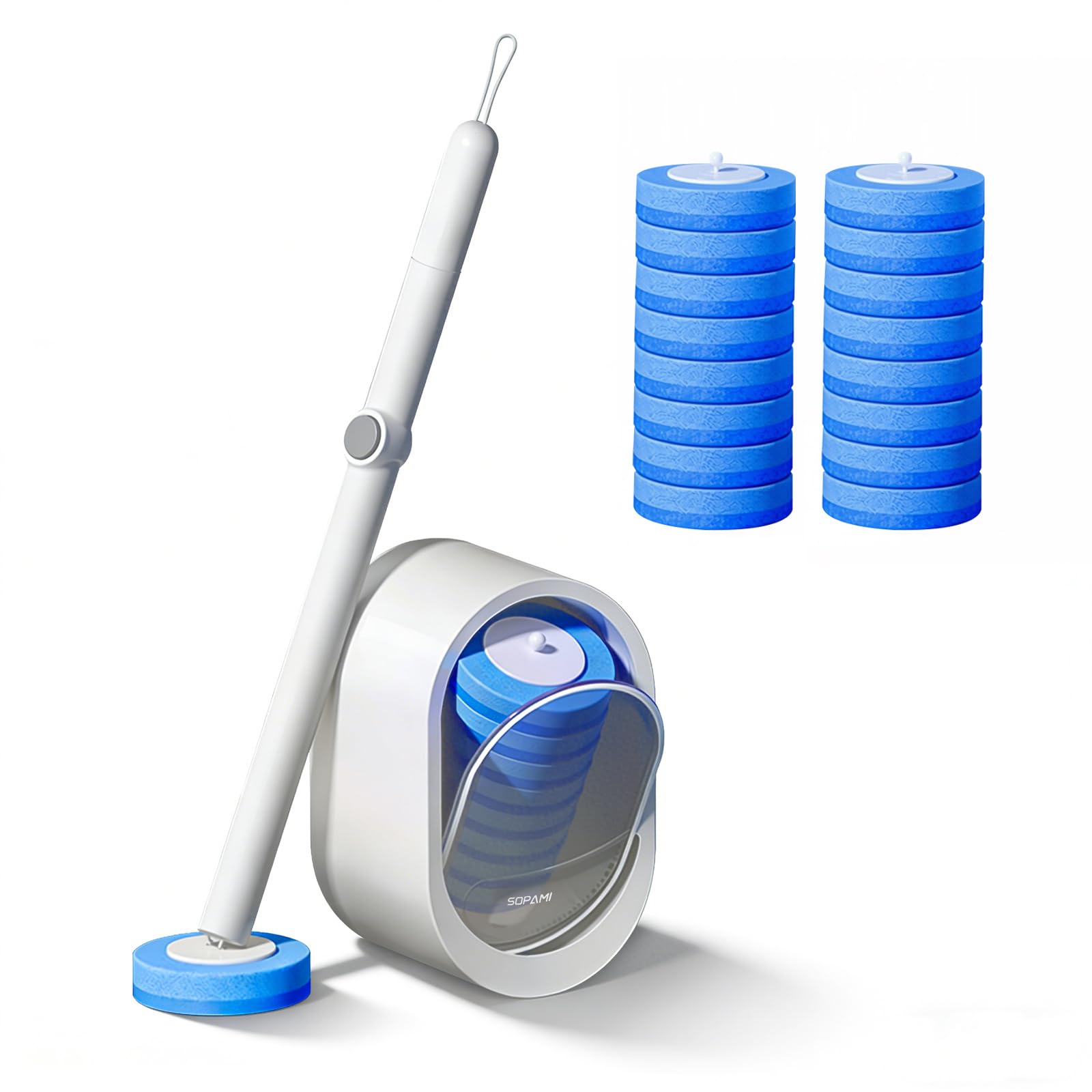 SOPAMI Disposable Toilet Cleaning System, Toilet Wand Kit with 16 Refills, 17-Inch Handle, Wall-Mounted or Floor-Standing Holder for Routine Bathroom
