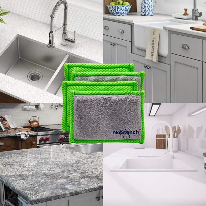 NoStench Reusable Sponges for Dishes, Odor Resistant Dishwashing Sponge, Non-Scratch Microfiber Mesh and Terry Cloth Sponges, Durable Dishwashing