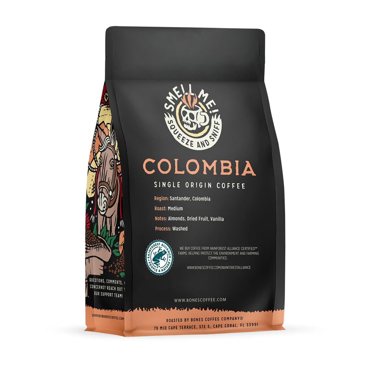 Bones Coffee Company Colombia Single-Origin Coffee, Almonds, Dried Fruit, Vanilla Notes, Flavored Ground Coffee, Medium Roast Low Acid Arabica Beans