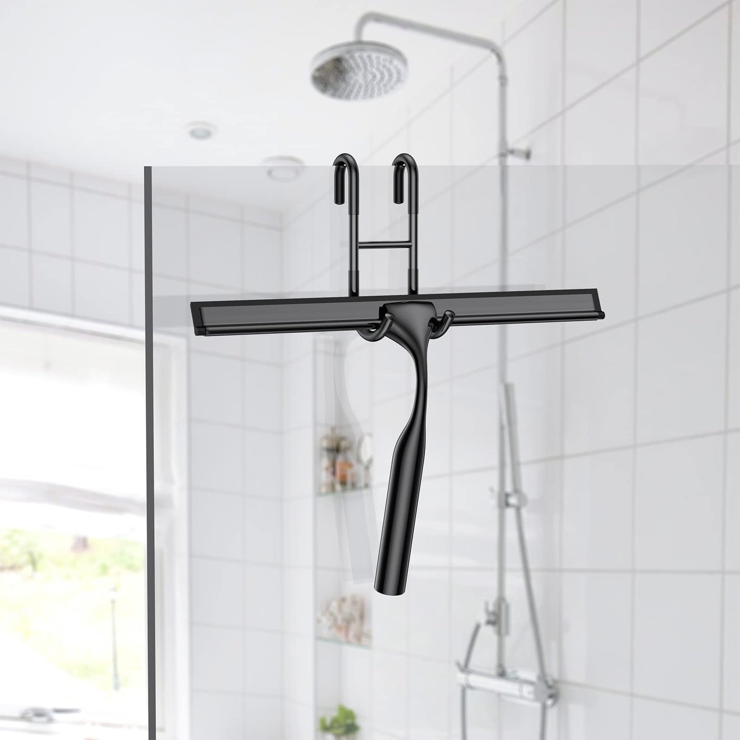 Black 14-Inches Stainless Steel Shower Squeegee Set, Include Shower Door Hook, Adhesive Hook and Spare Silicone Blade, Window Squeegee for Shower