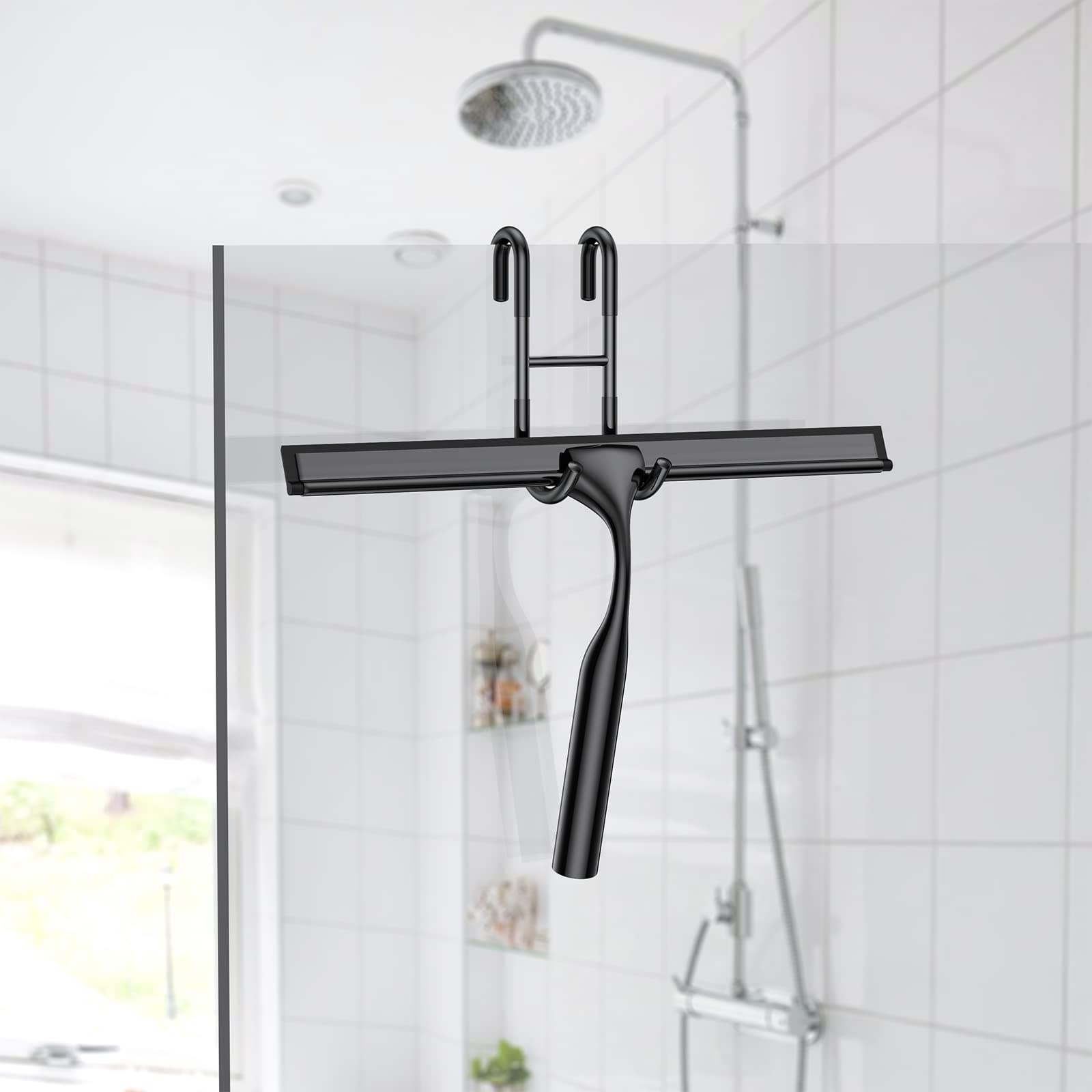 Black 14-Inches Stainless Steel Shower Squeegee Set, Include Shower Door Hook, Adhesive Hook and Spare Silicone Blade, Window Squeegee for Shower