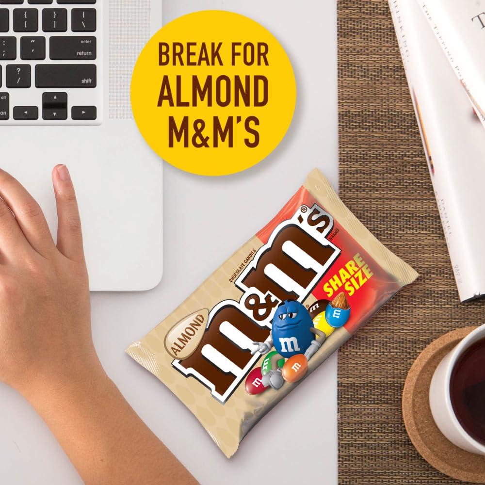 M&M'S Almond Chocolate Candy, Share Size 2.83 oz Bags, Pack of 18, Bulk Chocolate Candy Individually Wrapped