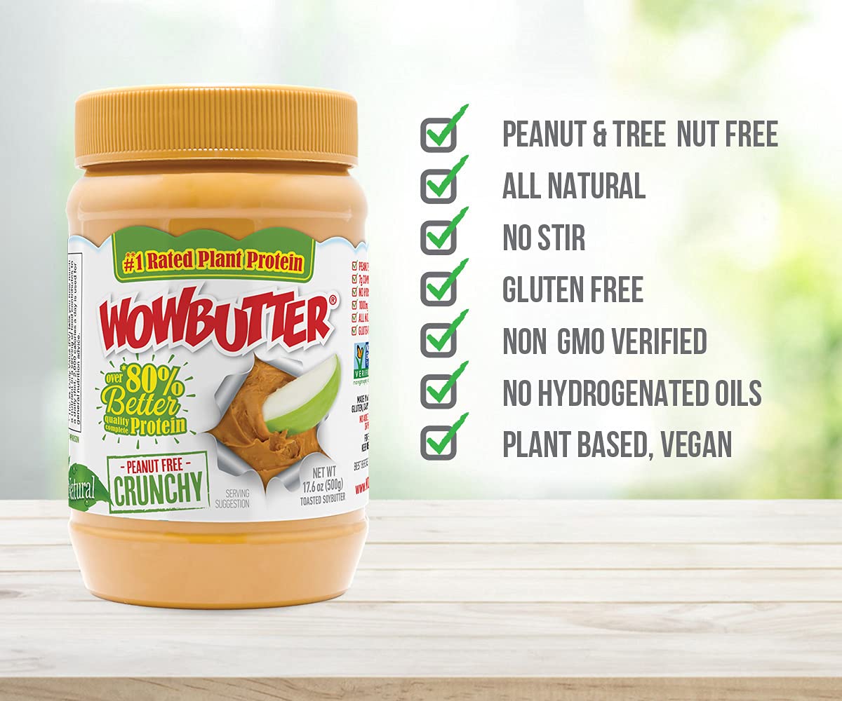WOWBUTTER - Crunchy Soy Spread - Peanut Free, Tree Nut Free - Vegan Plant Protein - Gluten Free - Non-GMO - 1.1lb (Pack of 6)