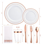FOCUSLINE 175 Count Rose Gold Dinnerware Set for 25 Guests - Rose Gold Rimmed White Disposable Plastic Plates Heavy Duty, Includes 25 Dinner & Salad