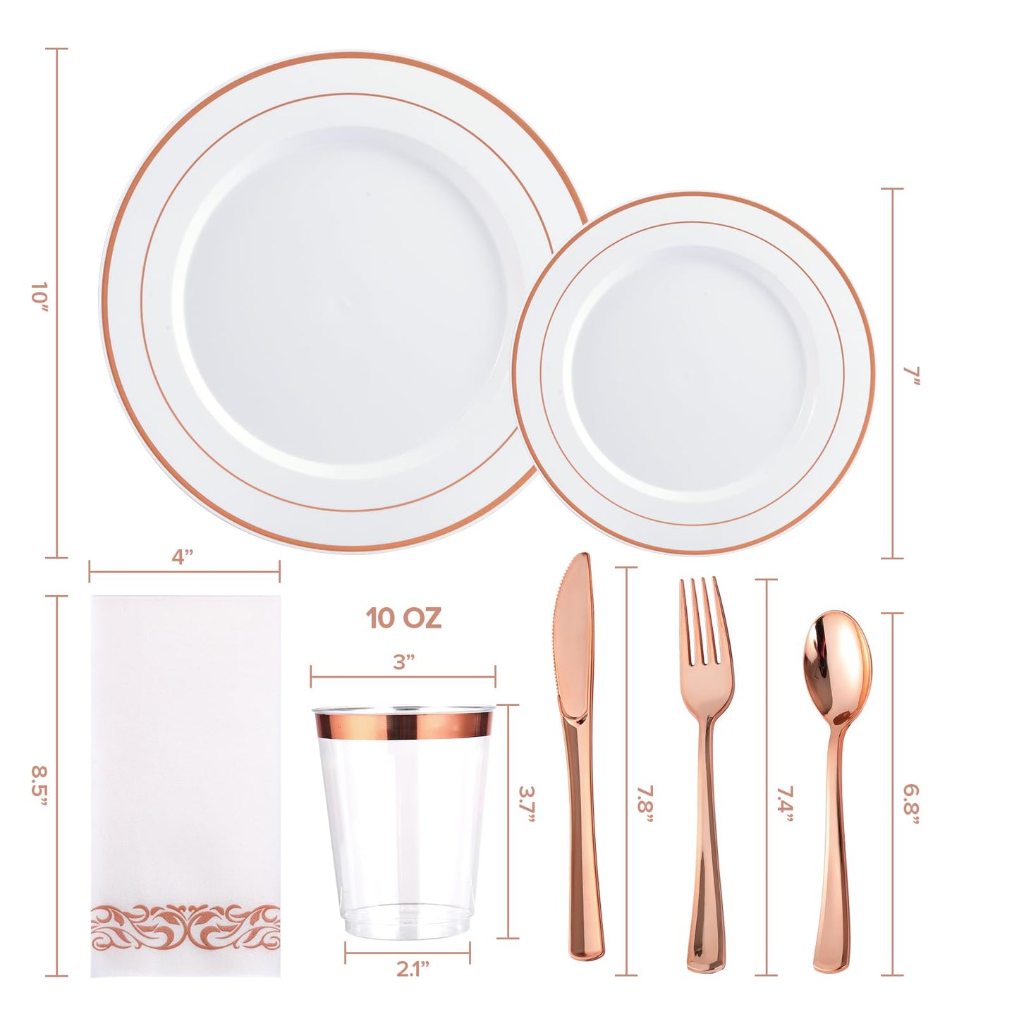 FOCUSLINE 350 Ct Disposable Dinnerware Set for 50 Guests -Heavy Duty Plastic Plates with Rose Gold Rim, Includes 50 Dinner & Salad Plates, Cups