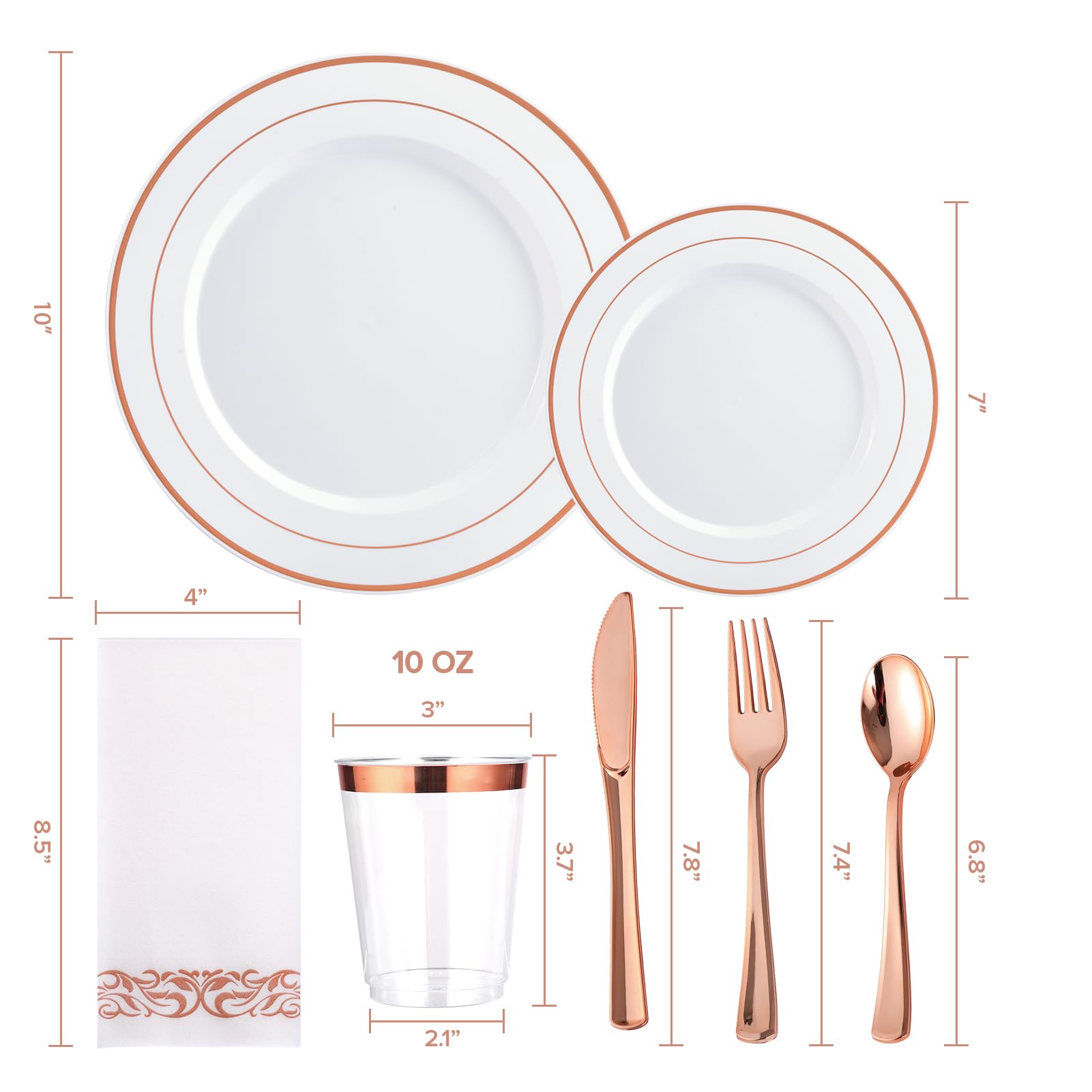FOCUSLINE 350 Ct Disposable Dinnerware Set for 50 Guests -Heavy Duty Plastic Plates with Rose Gold Rim, Includes 50 Dinner & Salad Plates, Cups