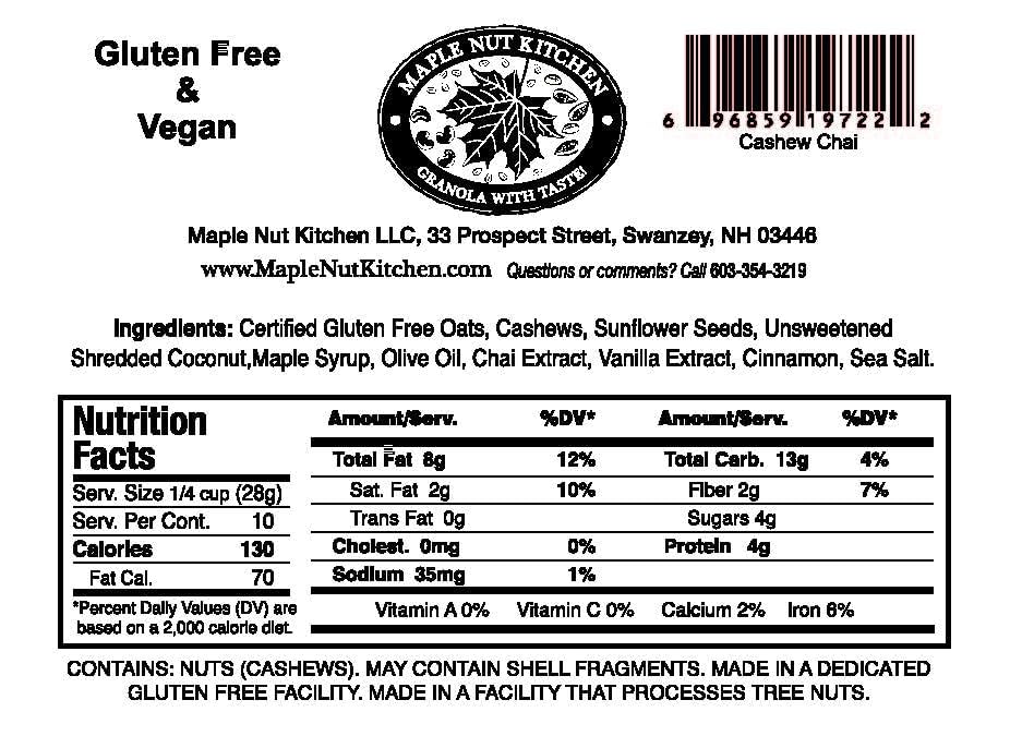 Maple Nut Kitchen Gluten Free Chai Granola with Cashews 3 Pack - Certified Gluten Free Oats, Shredded Coconut, Sunflower Seeds, Maple Syrup - Healthy