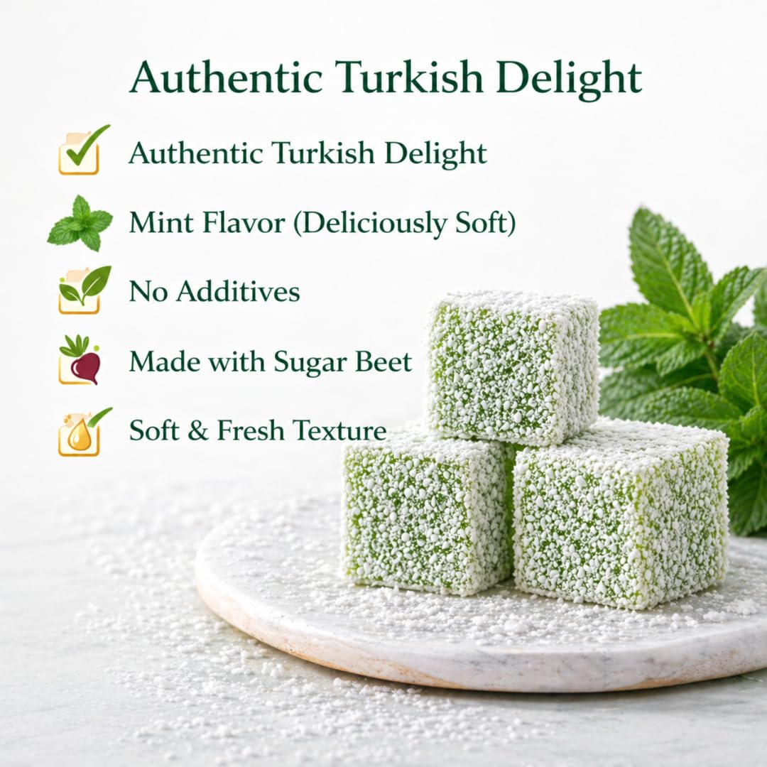 Turkish Delight Mint Flavor 450g (~1lb) - Traditional Lokum Candy with Refreshing Mint Taste - Soft Chewy Gourmet Dessert - No Additives - Made