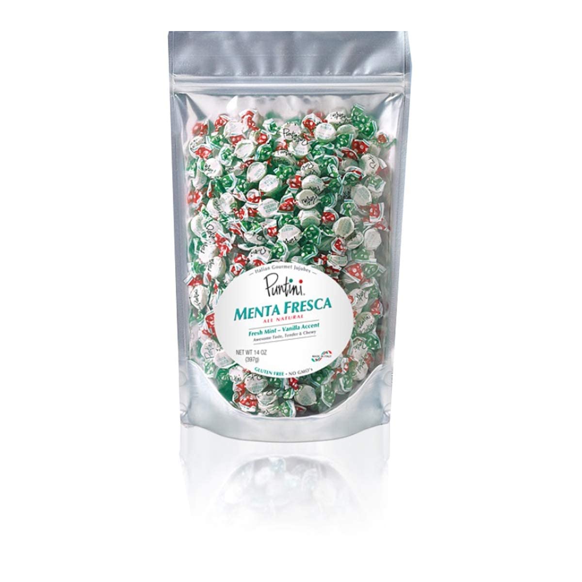 PUNTINI Menta Fresca Italian Chewy Mint Candy with Vanilla Accent, Individually Wrapped Vegan Candy, All-Natural, Gluten Free, Non-GMO, 10 oz