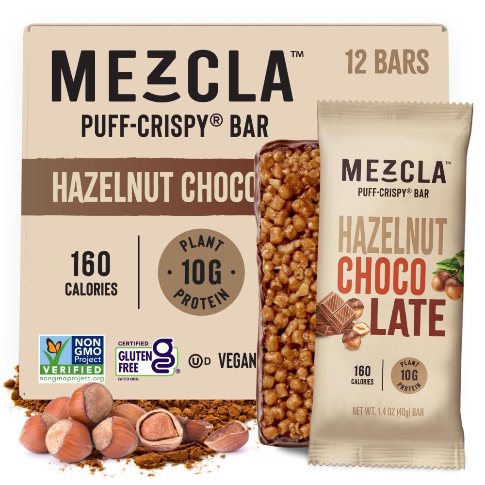 Mezcla Puff-Crispy Plant Based Protein Bars - Hazelnut Chocolate - Healthy Snacks for Adults & Hazelnut Spread Fans - School & Office Snacks - Gluten