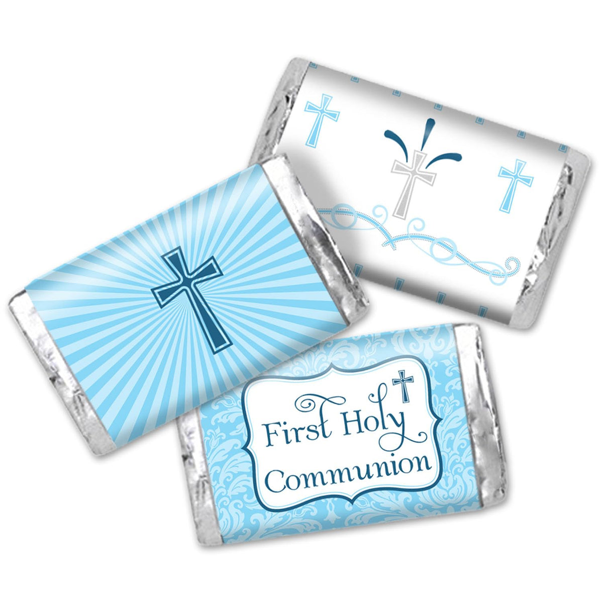 First Holy Communion Mini Chocolate Candy Bar Sticker Wrappers for Boys, 45 1.4" x 2.6" Wrap Around Labels by AmandaCreation, Great for Party Favors