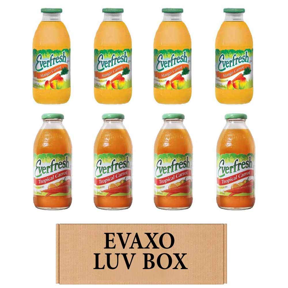 LUV BOX- variety Everfresh Juice 16 oz. pack of 8 , Everfresh Mango Carrot , Everfresh Tropical Carrot. by evaxo