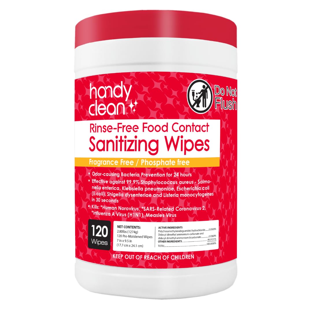 HandyClean Rinse-Free Food Contact Sanitizing Wipes Canister, Multi Surface Cleaning Supplies for Kitchen and Professional Setting One Canister (120