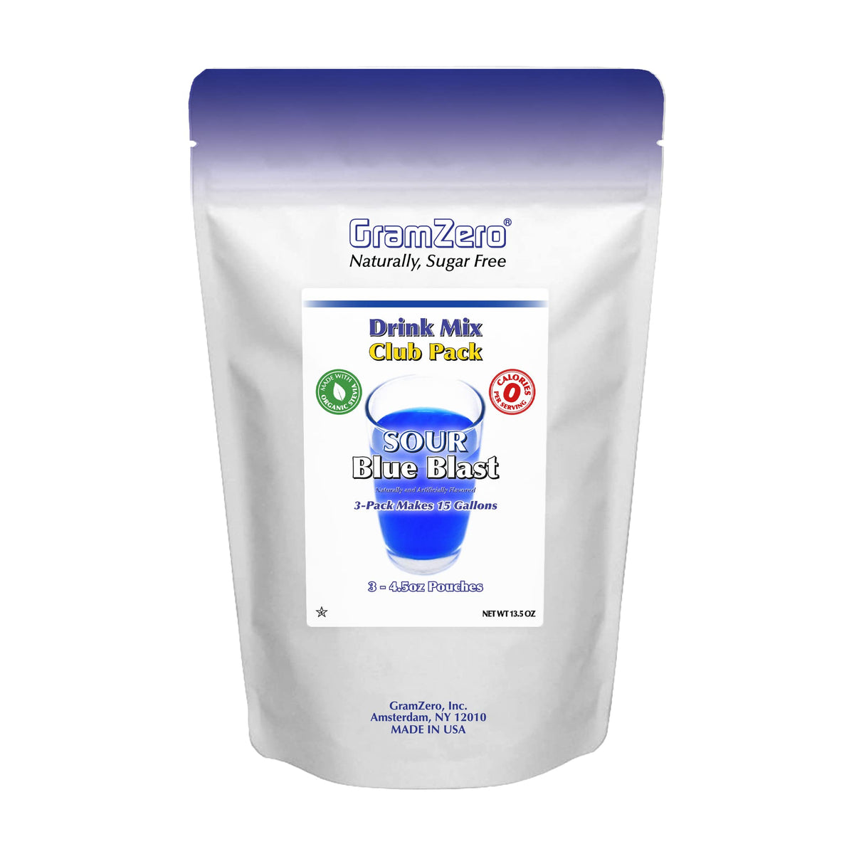 GramZero Sour Blue Blast Zero Calorie Sugar Free Drink Mix, Great For Nutrition Club Loaded Tea, Stevia Sweetened