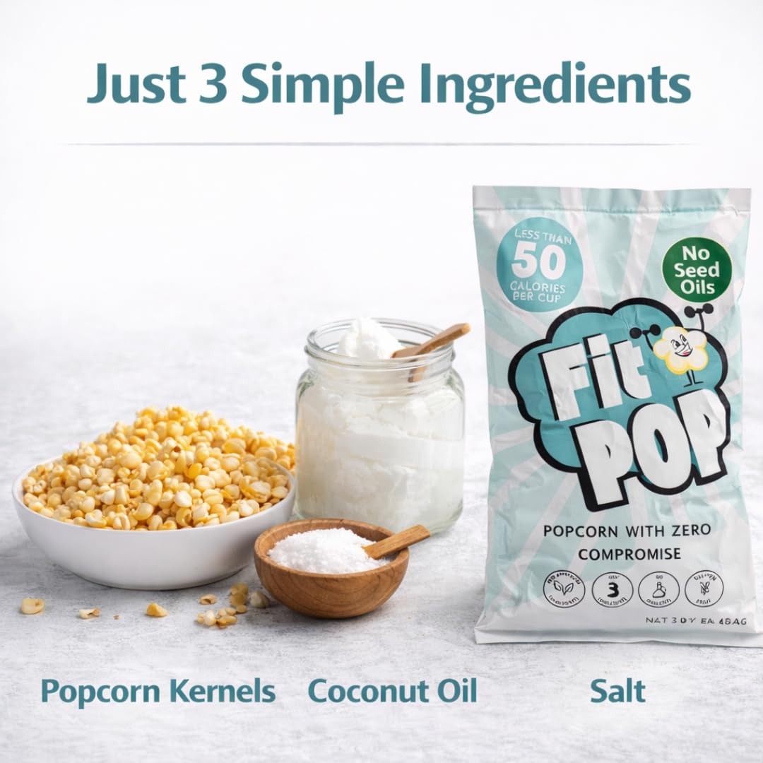 FitPop Coconut Oil Popcorn, No Seed Oils, Gluten Free, Non GMO, 4.4 Ounces (Pack Of 3)