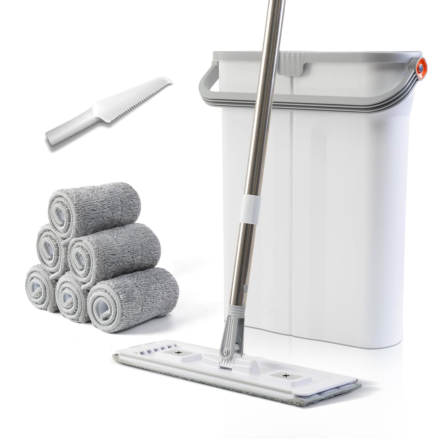 Mop and Bucket Set with Wringer Flat Mop Bucket System for Home Floor Cleaning,6 Reusable Microfiber Pads,Extended Stainless Steel Handle,Ideal